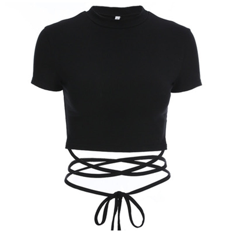 Summer Women Black Short T-Shirts Sexy Crop Tops Short Sleeve Bandage Tee Tops Female Shirts