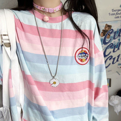 maoxiangshop Striped T-shirts Women Rainbow Japanese Style Kawaii Pink Loose Leisure BF Harajuku College Students Female Top Lady Comfortable