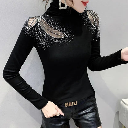 maoxiangshop Spring Autumn New Women's Tops Shirt Fashion Casual Turtleneck Long Sleeve Hollow Out Hot Drilling Mesh T-Shirt M-3XL