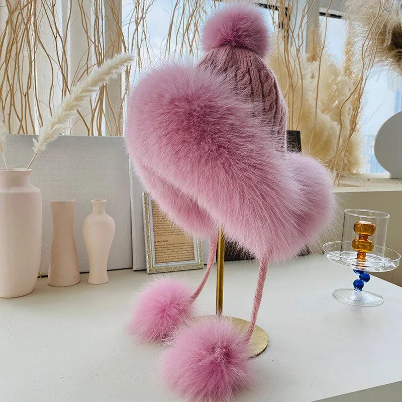 maoxiangshop  -  Winter Rabbit Fur Bomber Hat Knitted Warm Fleece Beanie Hat Outdoor Coldproof Pom Pom Bonnet Thicken Windproof Caps With Earmuff