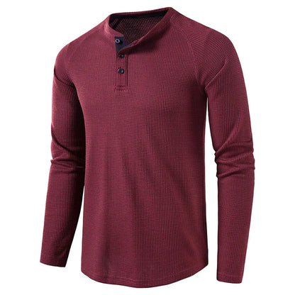maoxiangshop Fashion Waffle Cotton T Shirt Men Spring New Slim Fit Long Sleeve Henley Tshirt Men Streetwear Casual Solid Color T-Shirt