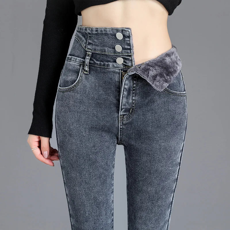 maoxiangshop Thermal Winter Thick Fleece High-waist Warm Skinny Jeans Thick Women Stretch Button Pencil Pants Mom Casual Velvet Jeans