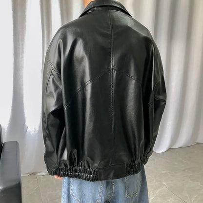 maoxiangshop Spring New Loose Soft Leather Jacket Single Breasted Jacket Men Casual Biker Jacket Men Jacket Leather Large Size XXL