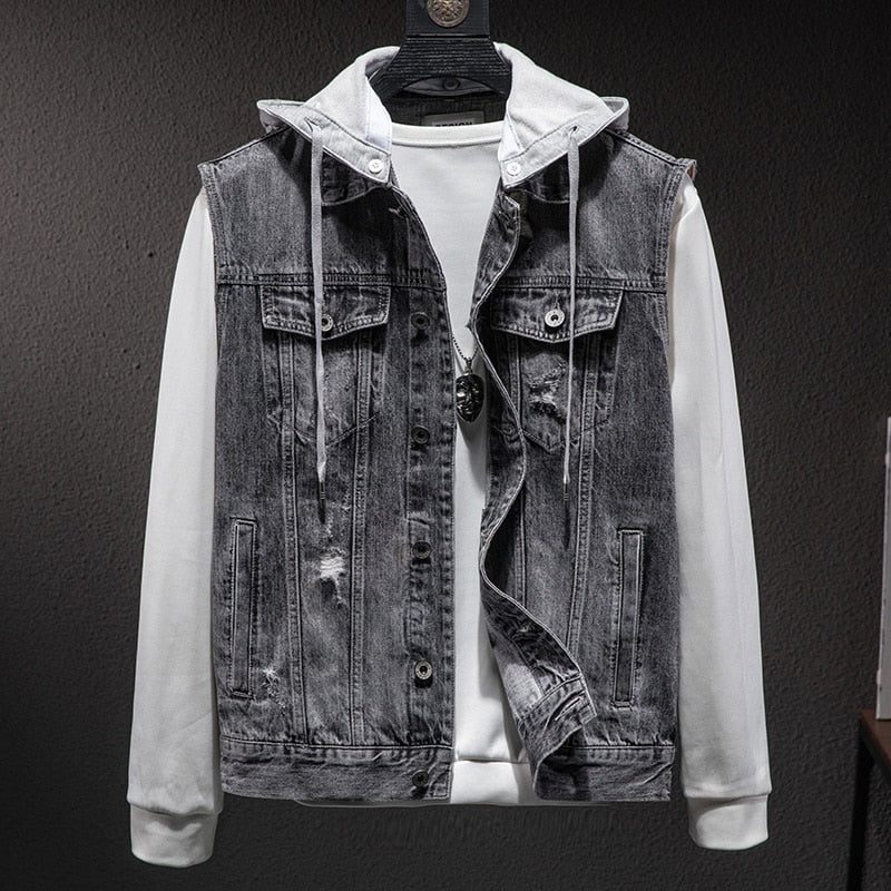 maoxiangshop Plus size Short Denim Vest men Detachable Hooded Coat Spring summer Side pockets Sleeveless Jeans Jacket Men's Tops-4XL