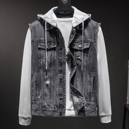 maoxiangshop Plus size Short Denim Vest men Detachable Hooded Coat Spring summer Side pockets Sleeveless Jeans Jacket Men's Tops-4XL