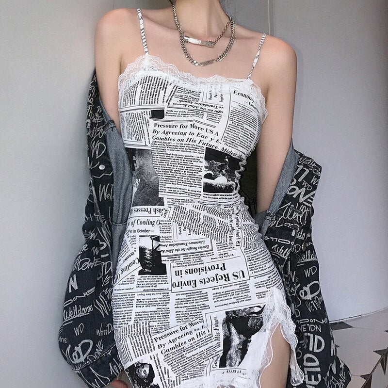 Summer Dress Newspaper Print Bodycon Lace Patchwork Split Slim Sexy Party Dresses Black White Mini Dress Streetwear