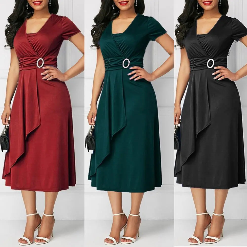 maoxiangshop Fashion Elegant Women Solid Color Short Sleeve V Neck Asymmetric Hem Waist Tight Midi Party Dress Ladies Evening Vestidos