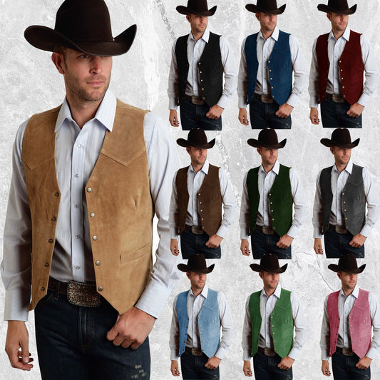 maoxiangshop Vintage Men's Vest Cowboy Leather Western Denim Vest Steampunk Style Waistcoat Colete Masculino Colete Masculino Custom Made