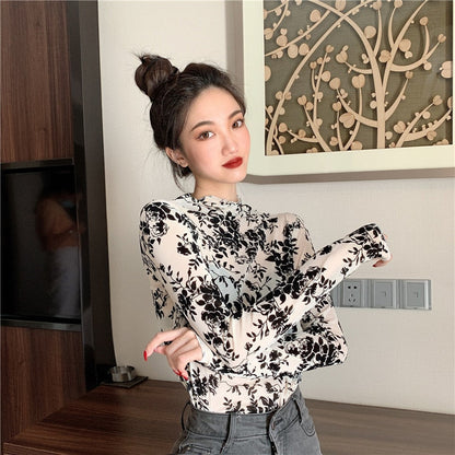 maoxiangshop Girls Transparent Corduroy Printing Mesh T-Shirts Tees Female Turtleneck Full Sleeve Tshirt Tops For Women