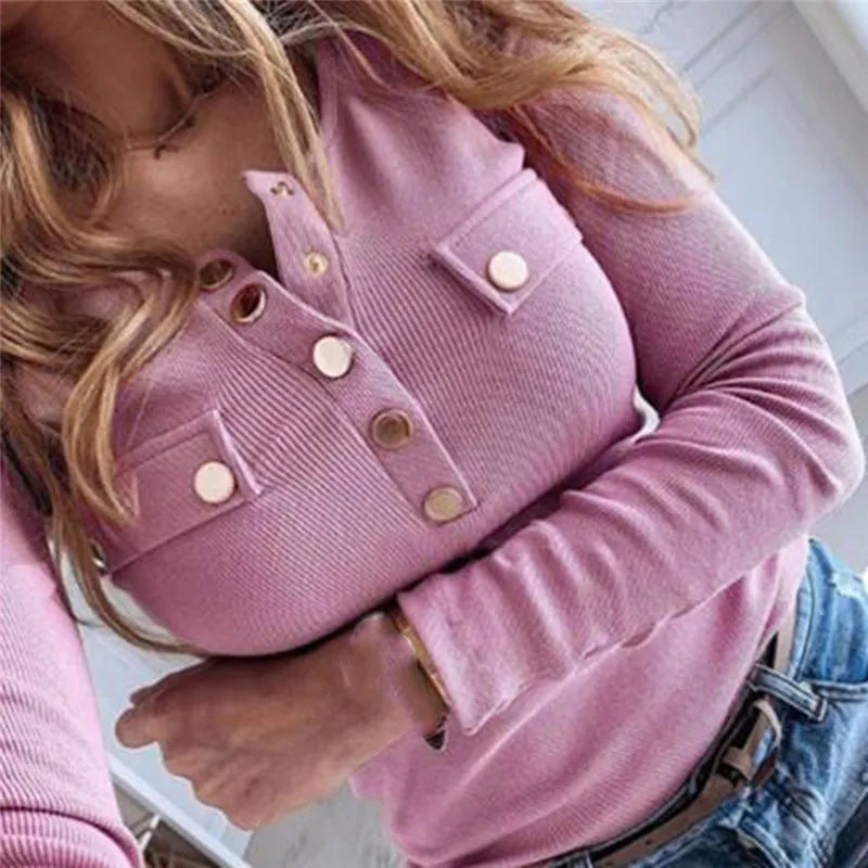 maoxiangshop Women Autumn Knitted Sweater O Neck Pullover Long Sleeve T shirt Loose Leisure Elegant Buttons feminina Tee Female Tops