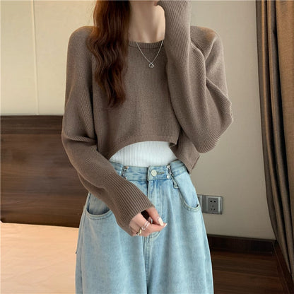 maoxiangshop New Autumn Women Solid Sweater O-Neck Loose Sweater Pullover Crop Top Sweaters Shirts Femme Knit Outwear Jumpers