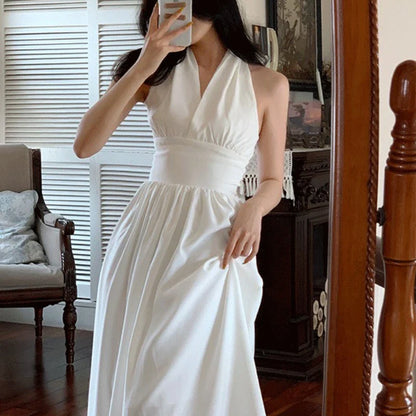 White Elegant Halter Dress Women Sexy Backless Korean Party Midi Dress Female Sleeveless V-neck Vintage Dresses for Women