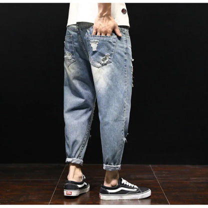 maoxiangshop Men Summer Ripped Ankle Length Plus Size Jeans 38 40 42 Harem Holes Hip Hop Trousers Denim Scratched Loose Boys Cool Blue Pants