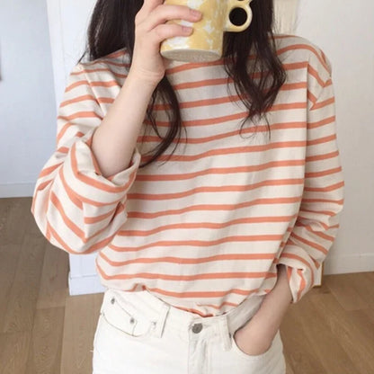 maoxiangshop New Bottoming Basic Korean Style Fashionable Striped Wild Lady Women's Autumn Winter T-shirt Pink Tops