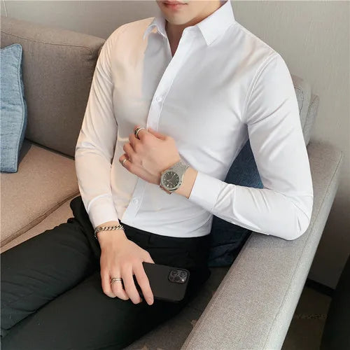 maoxiangshop Plus Size S-7XL High Quality Men Dress Shirt Autumn Long Sleeve Solid Business Slim Shirts Homme Dress Social Casual Shirt