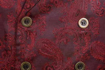 maoxiangshop Wine Red Paisley Jacquard Long Vest Men Double Breasted Lapel Brocade Vest Waistcoat Mens Gothic Steampunk Sleeveless Tailcoat