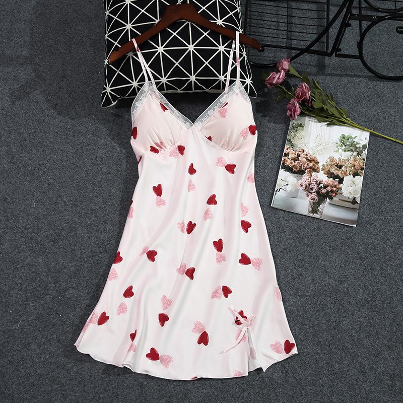 Print Sweetheart Spaghetti Strap Nightdress Sexy Side Splite Nightgown Sweet Bow Lace Trim Sleepwear Satin Casual Sleep Shirt