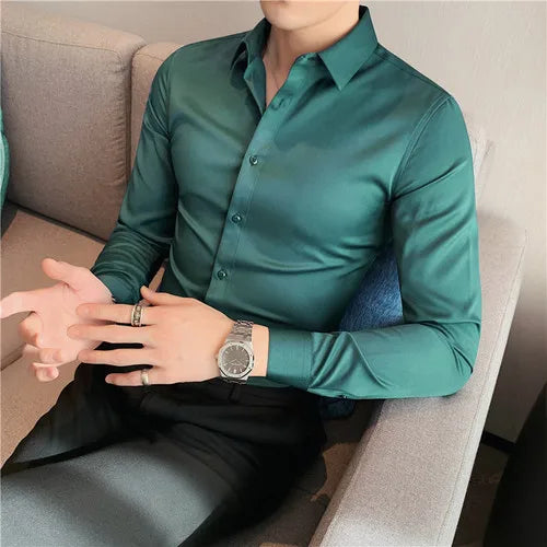 maoxiangshop Plus Size S-7XL High Quality Men Dress Shirt Autumn Long Sleeve Solid Business Slim Shirts Homme Dress Social Casual Shirt