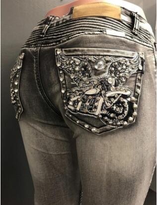maoxiangshopHigh Waist Jeans Women Fashion Straight Pants Ladies Vintage Flying Motorcycle Bead Jeans Femme Elasticity Trousers