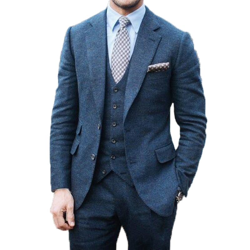 maoxiangshop Grey Herringbone Men's Suit Tweed British Style Custom Made Male Suit Slim Fit Blazer Wedding Suits for Men 3 Pieces