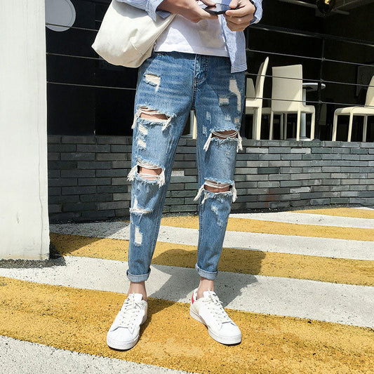 maoxiangshop New Skinny Jeans Men Streetwear Destroyed Ripped Jeans Homme Hip Hop Broken Modis Male Pencil Biker Embroidery Patch Pants
