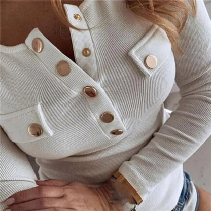 maoxiangshop Women Autumn Knitted Sweater O Neck Pullover Long Sleeve T shirt Loose Leisure Elegant Buttons feminina Tee Female Tops