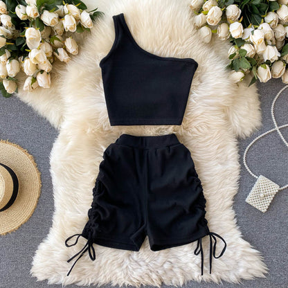 maoxiangshop Casual Women 2 Piece Set Solid Summer Fashion One Shoulder Sleeveless Crop Top and Drawstring Shorts Workout Tracksuits