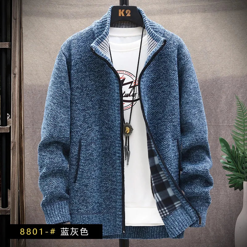 maoxiangshop Men's Winter Sweater Zipper Cardigan Korean Autumn Fleece Thick Warm Artificial Fur Wool Coat Male Jumpers Knitted Cold Jacket
