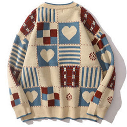 maoxiangshop Vintage Sweater Mens Hip Hop Streetwear Harajuku Retro Japanese Style Love Knitted Sweater Couples Autumn Cotton Pullover