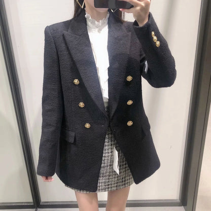 maoxiangshop Blazer Women Traf Fashion Metal Double Breasted Woollen Blazers Coat Vintage Long Sleeve Female Outerwear Chic Tops