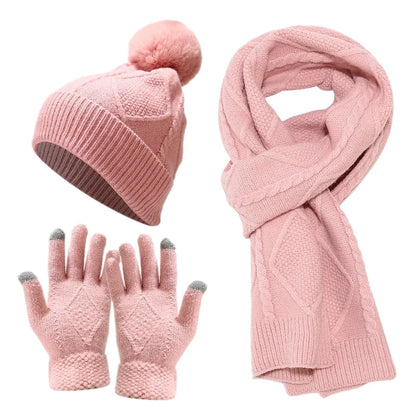 maoxiangshop  -  3 PCS Hat Glove Scarf Sets Winter Warm Knitted Touch Screen Gloves Woolen Plush Pom Pom Beanies Thickened Coldproof Scarves Suit