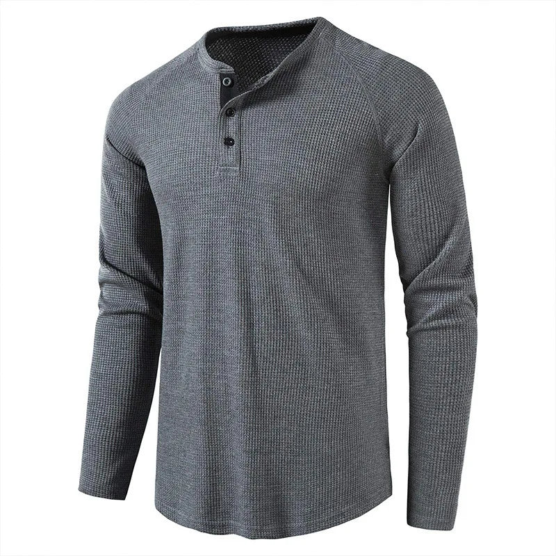 maoxiangshop Fashion Waffle Cotton T Shirt Men Spring New Slim Fit Long Sleeve Henley Tshirt Men Streetwear Casual Solid Color T-Shirt