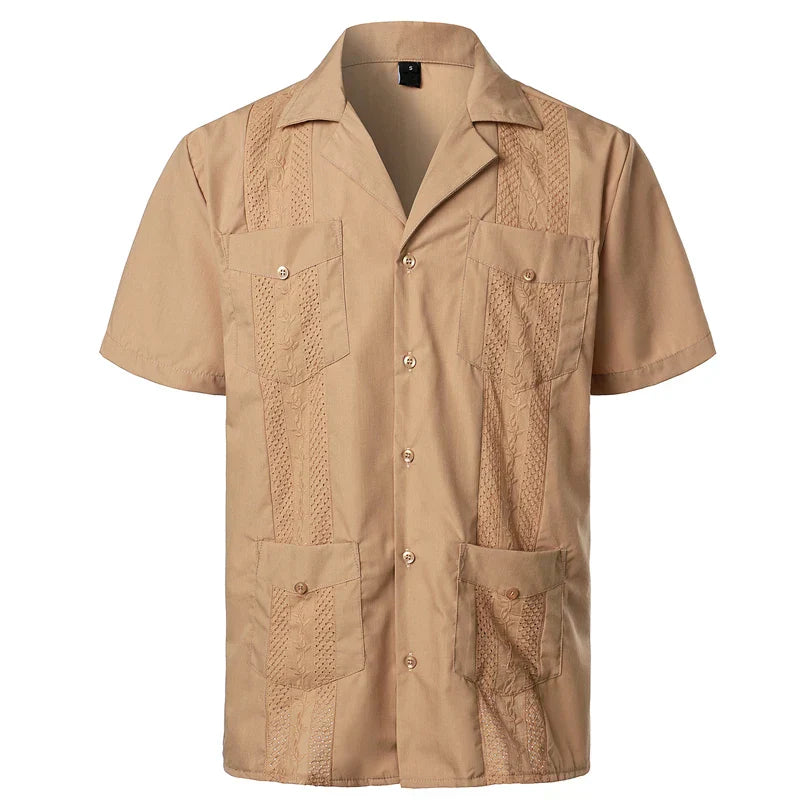 maoxiangshop Men's Traditional Cuban Camp Collar Guayabera Shirt Short Sleeve Embroidered Mexican Caribbean Style Beach Shirt with 4 Pocket