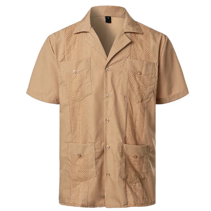 maoxiangshop Men's Traditional Cuban Camp Collar Guayabera Shirt Short Sleeve Embroidered Mexican Caribbean Style Beach Shirt with 4 Pocket