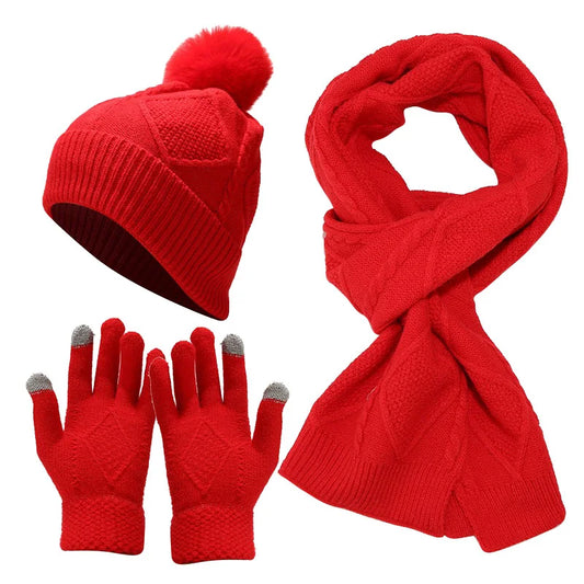 maoxiangshop  -  3 PCS Hat Glove Scarf Sets Winter Warm Knitted Touch Screen Gloves Woolen Plush Pom Pom Beanies Thickened Coldproof Scarves Suit