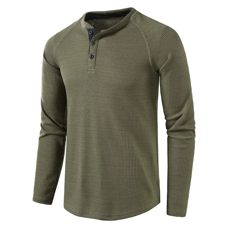 maoxiangshop Fashion Waffle Cotton T Shirt Men Spring New Slim Fit Long Sleeve Henley Tshirt Men Streetwear Casual Solid Color T-Shirt