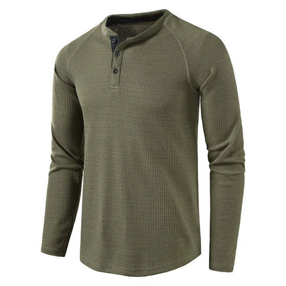 maoxiangshop Fashion Waffle Cotton T Shirt Men Spring New Slim Fit Long Sleeve Henley Tshirt Men Streetwear Casual Solid Color T-Shirt