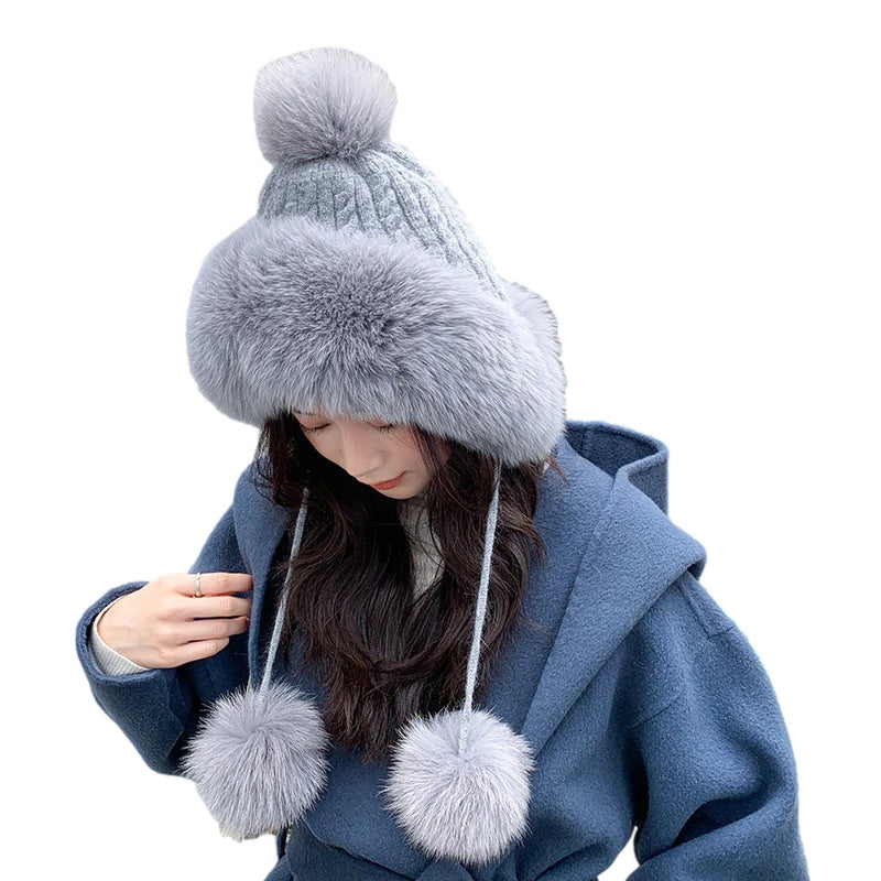 maoxiangshop  -  Winter Rabbit Fur Bomber Hat Knitted Warm Fleece Beanie Hat Outdoor Coldproof Pom Pom Bonnet Thicken Windproof Caps With Earmuff