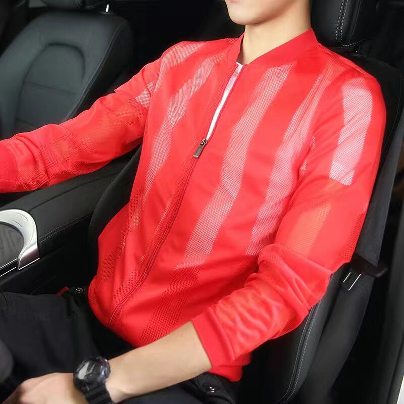 maoxiangshop Pierced Transparent Bomber Jacket Men Sun Protection Clothing Windbreaker Summer Thin Men Plaid Jackets Slim Fit Mens Coats