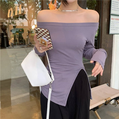 maoxiangshop New Women's Slim Off-shoulder Full Sleeve T-shirts Girls Solid Stretchy Irregular Split Tshirt Tops Slash Neck Tees