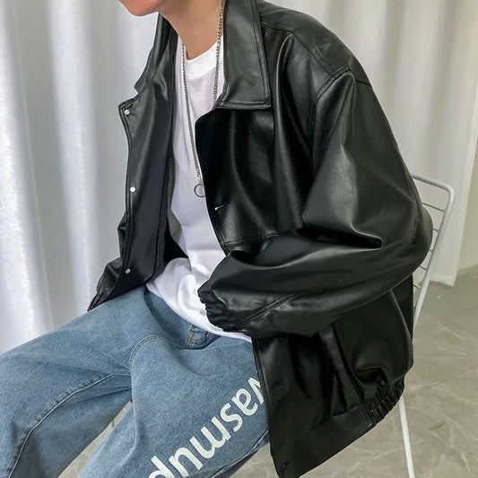 maoxiangshop Spring New Loose Soft Leather Jacket Single Breasted Jacket Men Casual Biker Jacket Men Jacket Leather Large Size XXL