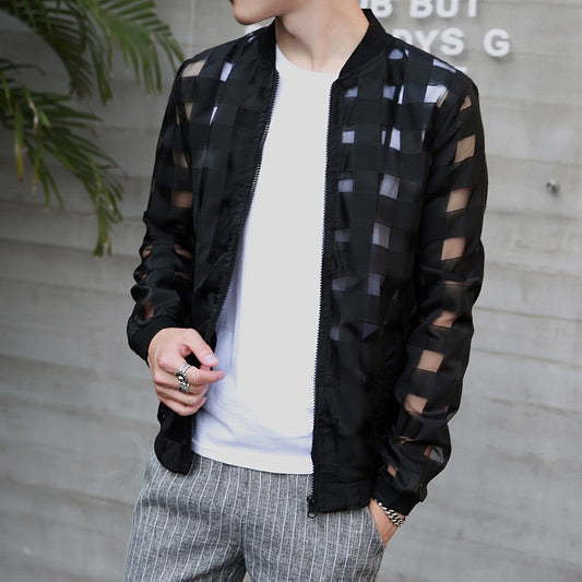 maoxiangshop Pierced Transparent Bomber Jacket Men Sun Protection Clothing Windbreaker Summer Thin Men Plaid Jackets Slim Fit Mens Coats