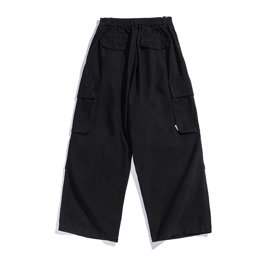 maoxiangshop Multi-Pocket Cargo Pants Mens Safari Style Solid Color Pleated Loose Straight-leg Pants Elastic Waist Casual Trousers Men