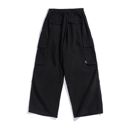 maoxiangshop Multi-Pocket Cargo Pants Mens Safari Style Solid Color Pleated Loose Straight-leg Pants Elastic Waist Casual Trousers Men