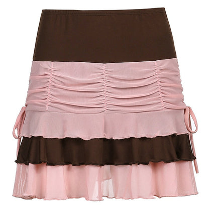 maoxiangshop Y2K Aesthetic Pleated Skirts Women Low Waist Ruffles Mini Skirt Patchwork Pink Mesh Cute Kawaii Brown Bodycon Vintage Clothes