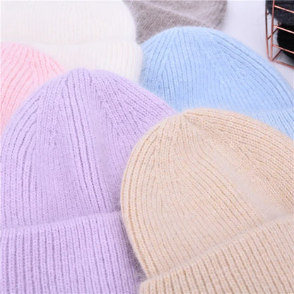 maoxiangshop Casual Women's Hat Real Rabbit Fur Beanie Ladies Autumn Winter Cashmere Hats Three Fold Thick Knitted Girls Skullies Beanies Cap