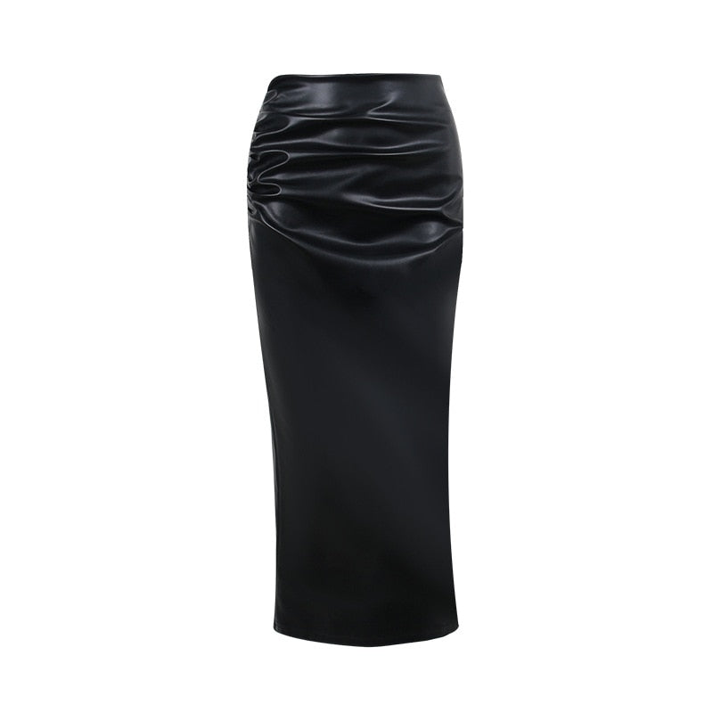 maoxiangshop Skinny Faux Leather Split Midi Skirt Women Sexy Black White Long Skirt Club Y2K High Waisted Bodycon PU Streetwear Spring Autumn