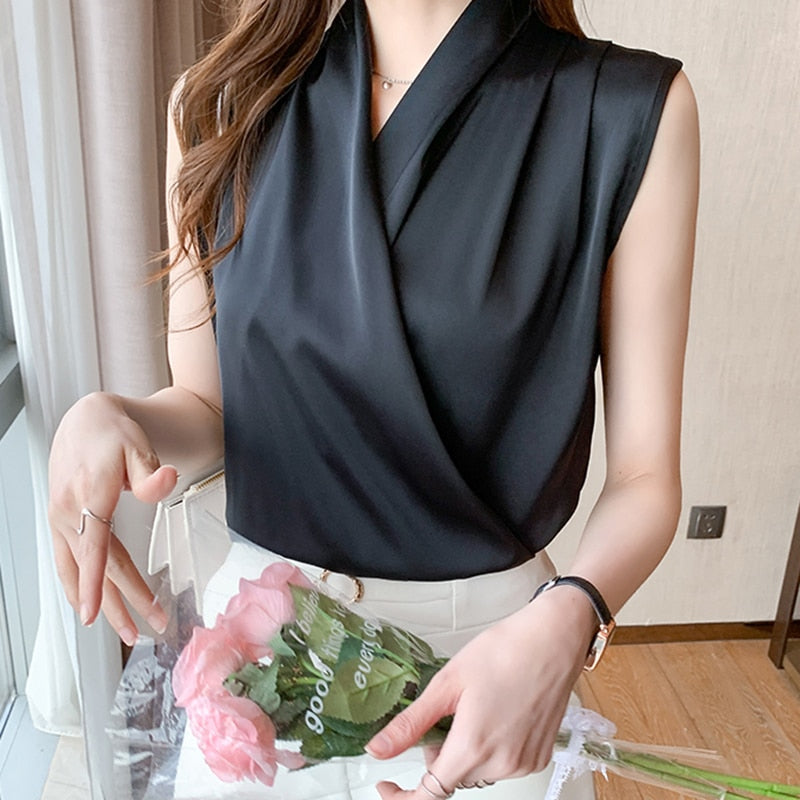 maoxiangshop Womens Tops Blouses Solid Color White Satin Blouse Office Shirt Blusas Sleeveless Women Shirts Black White Female