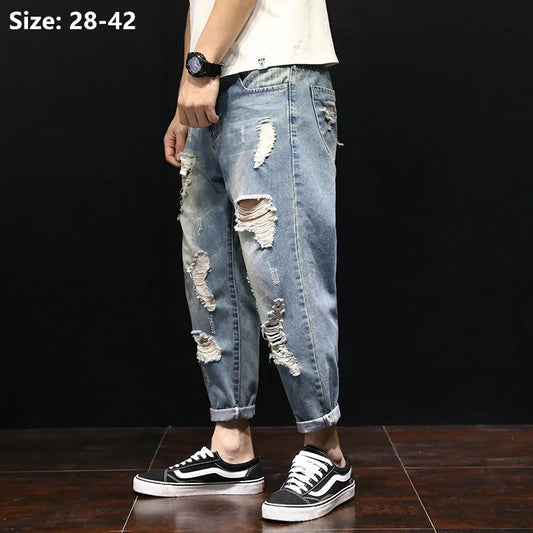 maoxiangshop Men Summer Ripped Ankle Length Plus Size Jeans 38 40 42 Harem Holes Hip Hop Trousers Denim Scratched Loose Boys Cool Blue Pants