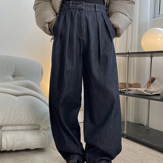 maoxiangshop Autumn And Winter Women's Casual Solid Color High-rise Loose Wide-leg Jeans